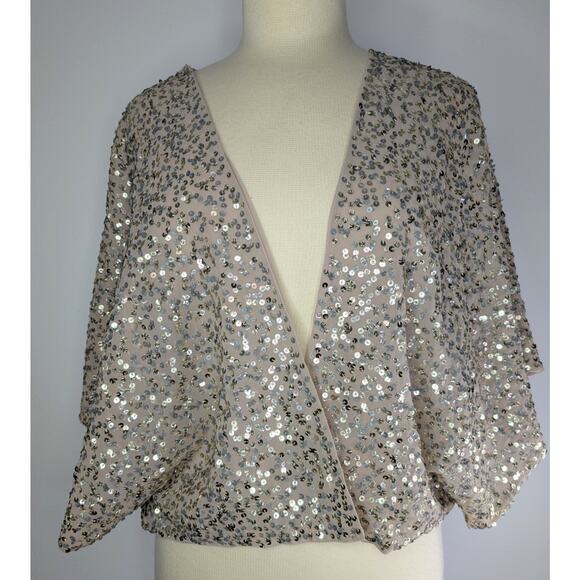 Halogen Open Front Neutral Gold Sequin Cardigan Shrug Women's Size Large P - Picture 3 of 9